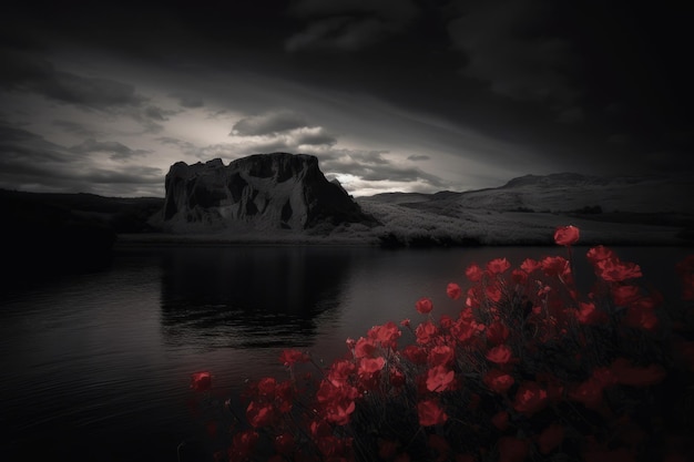 Paesaggio scuro del lago con fiori rossi