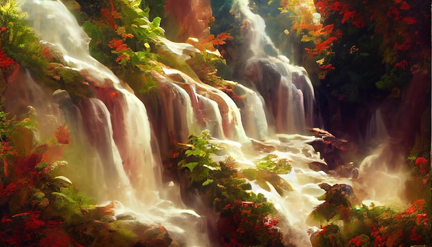 Paesaggio selvaggio con insenature, cascate e montagne Flusso di flusso attraverso la foresta autunnale Illustrazione digitale