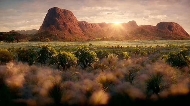 Paesaggio selvaggio della natura dell'Australia all'illustrazione di arte di paesaggio di tramonto