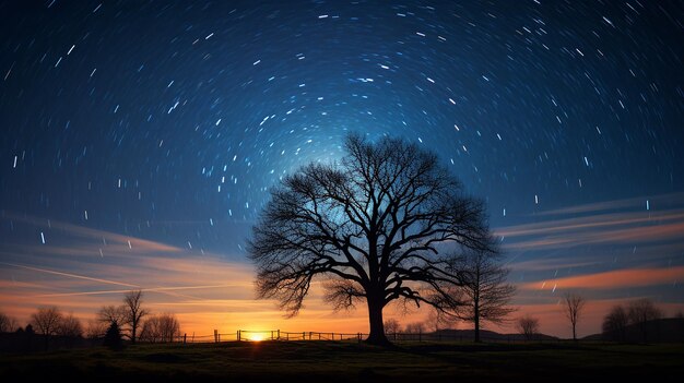 Paesaggio serale con tramonto arancione, cielo stellato e alberi all'orizzonte