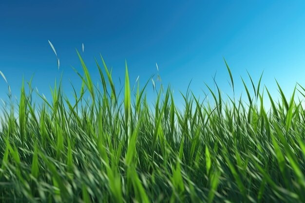 Paesaggio sereno con campo di erba verde e cielo blu IA generativa