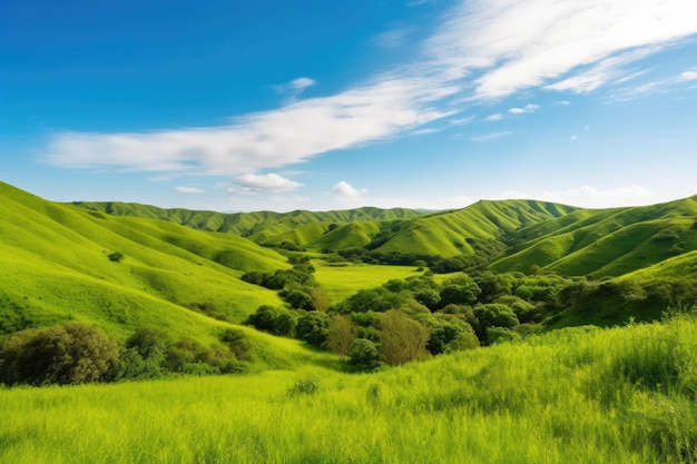 Paesaggio sereno con dolci colline, vegetazione lussureggiante e cielo azzurro, creato con l'intelligenza artificiale generativa