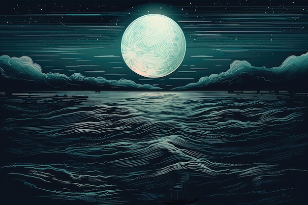 Paesaggio sereno con una luna piena incandescente che si riflette sull'acqua