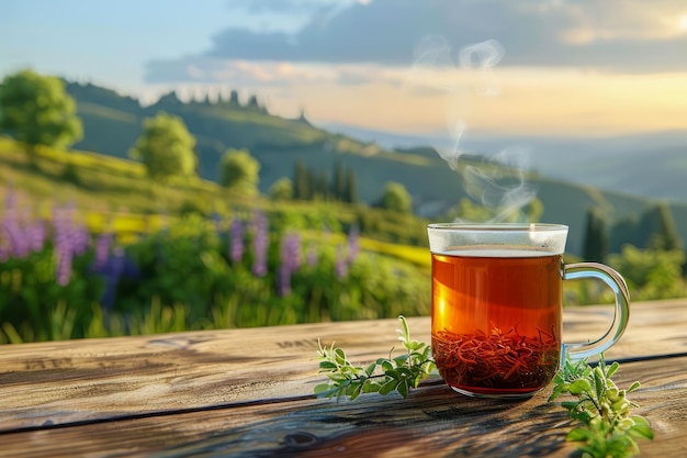 Paesaggio sereno del mattino con una tazza di tè al vapore su un tavolo di legno rustico con vista sulle colline illuminate dal sole e