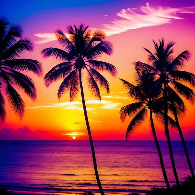 Paesaggio sereno della spiaggia con le palme durante il concetto dell'illustrazione di tramonto