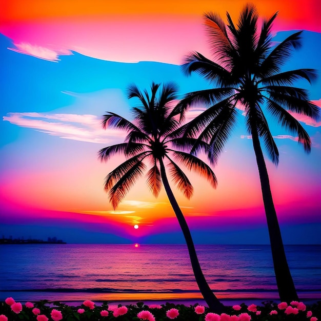 Paesaggio sereno della spiaggia con palme e fiori durante il tramonto nell'illustrazione dell'orizzonte