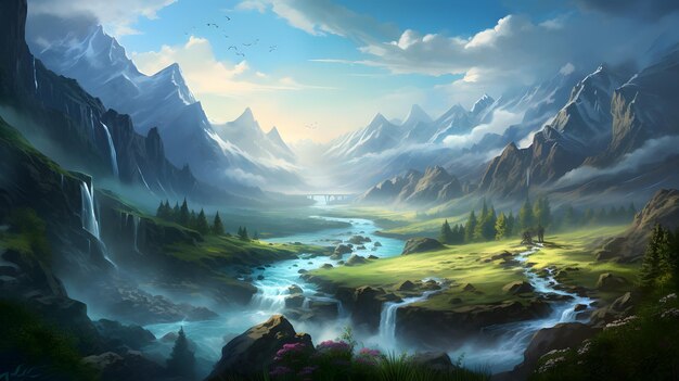 Paesaggio sereno di una maestosa valle montuosa con una cascata in cascata e un torrente sinuoso Gene...