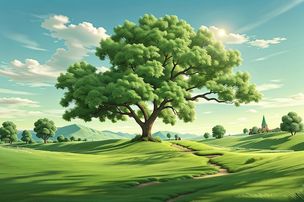 Paesaggio soleggiato 3d con albero in erba verde brillante