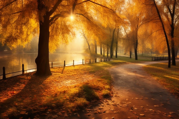 Paesaggio soleggiato d'autunno in un parco con i raggi di luce del sole