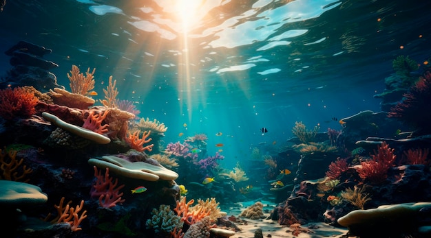 Paesaggio sottomarino con coralli e pesci tropicali illustrazione 3D