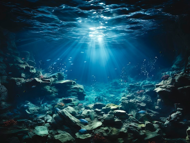 Paesaggio sottomarino con rocce, piccoli pesci e raggi di luce solare su uno sfondo d'acqua blu profondo che raffigura un ecosistema marino
