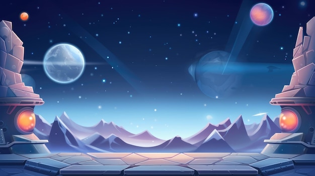 Paesaggio spaziale mistico Pianeta alieno con lune e stelle sfondo fantascientifico