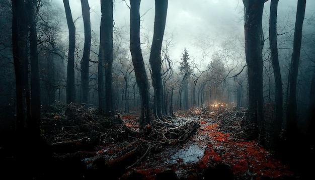 Paesaggio spettrale della foresta infestata realistico di notte Sfondo della foresta di Halloween fantasy Arte digitale