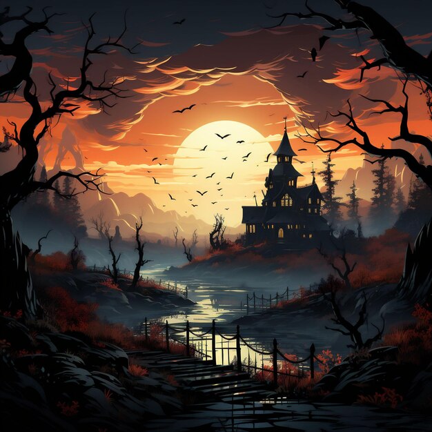 Paesaggio spettrale di Halloween in un'illustrazione di una notte buia