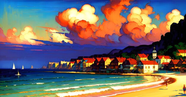 Paesaggio Spiaggia Costa Vista panaromica Magico AI generato Wall Art Canvas Painting Children Book