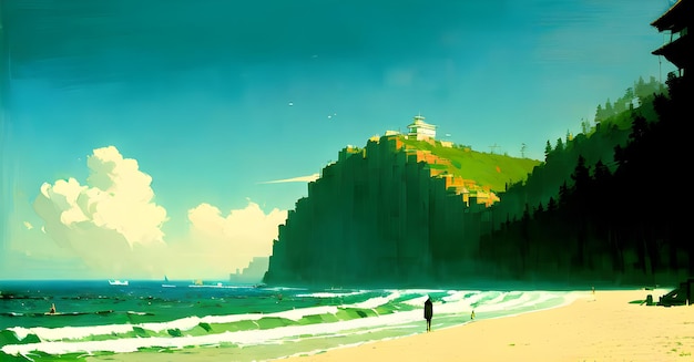Paesaggio Spiaggia Oceano Tramonto Illustrazione di un libro per bambini Generative AI Fantasy Digital Art