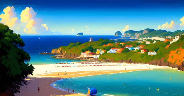 Paesaggio Spiaggia Oceano Tramonto Illustrazione di un libro per bambini Generative AI Fantasy Digital Art