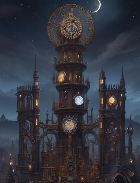 Paesaggio steampunk illuminato da una luna blu e cieli scuri con torre dell'orologio