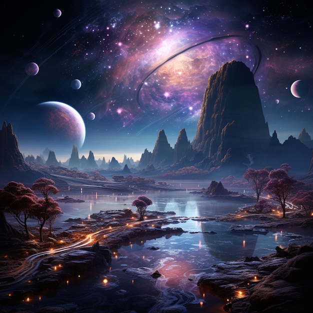 paesaggio stellato con un fiume e pianeti in lontananza generativa ai
