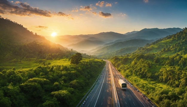 Paesaggio stradale in naturale con il sole mattutino bellissimo cielo generativo ai arte dell'illustrazione