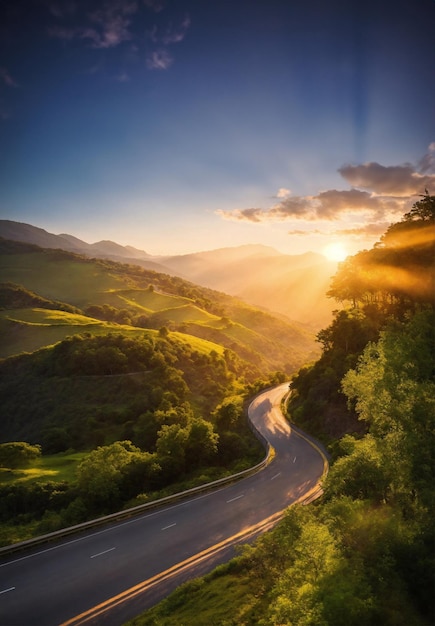 Paesaggio stradale in naturale con il sole mattutino bellissimo cielo generativo ai arte dell'illustrazione