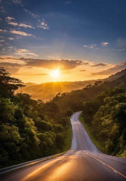 Paesaggio stradale in naturale con il sole mattutino bellissimo cielo generativo ai arte dell'illustrazione