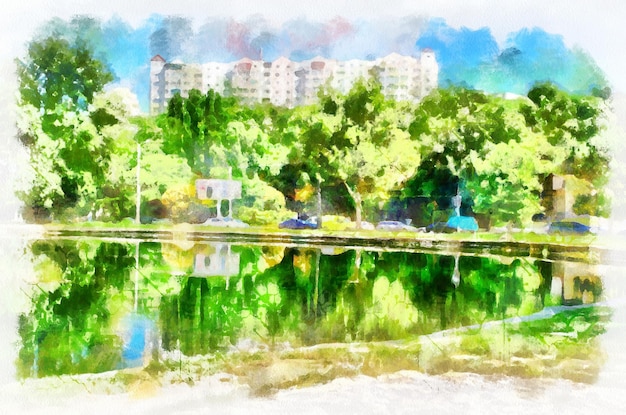 Paesaggio suburbano del parco di pittura ad acquerello in una luminosa giornata di sole Imitazione di arte digitale moderna del dipinto a mano con colorante aquarells