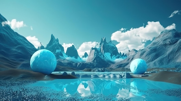 Paesaggio surreale con montagne rocciose blu e forma rotonda Generativo Ai