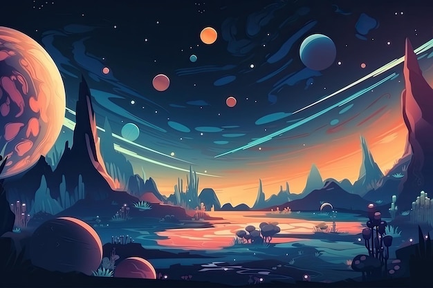 Paesaggio surreale con un cielo ultraterreno pieno di pianeti IA generativa