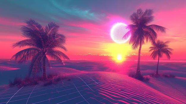 Paesaggio surreale del deserto con palme pixelate tramonti luminosi e una lontana oasi cibernetica