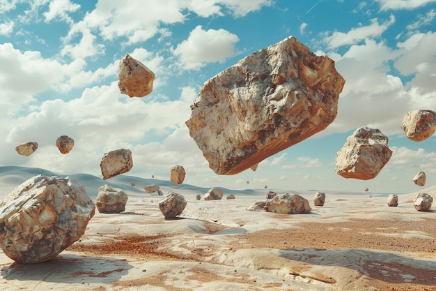 Paesaggio surreale del deserto con rocce galleggianti octano