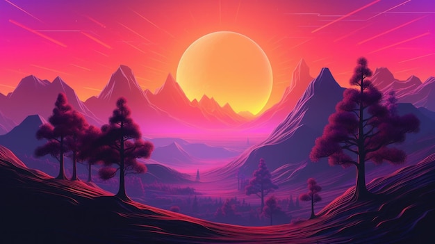 Paesaggio synthwave retrò con colori audaci AI generativo