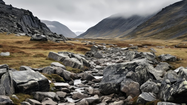 Paesaggio topografico distopico britannico Corrente che scorre tra le rocce delle montagne