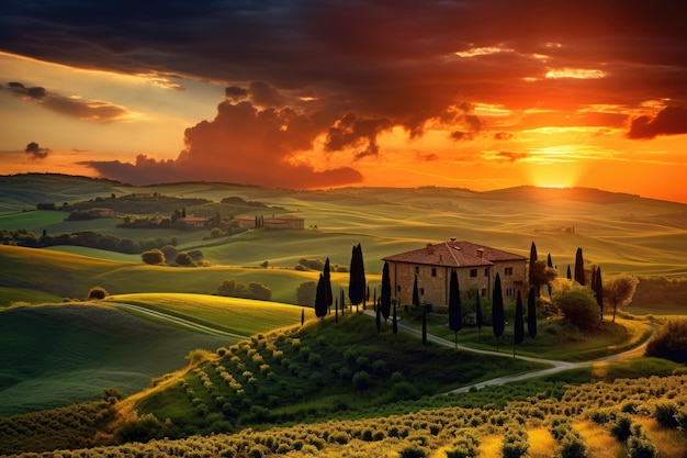 Paesaggio toscano al tramonto con cipressi e fattoria Bel tramonto sulle dolci colline della Toscana Italia