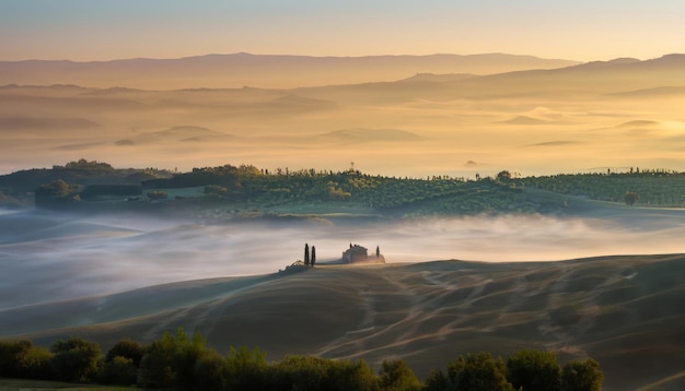 Paesaggio toscano all'alba con poca nebbia