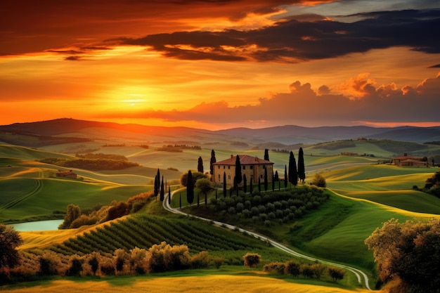 Paesaggio toscano con cipressi al tramonto Italia Bellissimo tramonto sulle dolci colline della Toscana Italia AI Generato