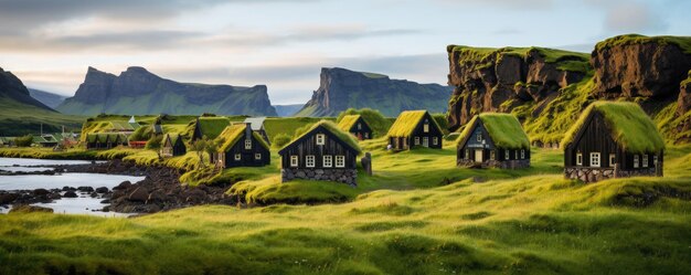 Paesaggio tradizionale islandese con casa paesaggio lavico verde sabbia nera Ai generativa