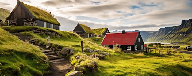 Paesaggio tradizionale islandese con casa paesaggio lavico verde sabbia nera Ai generativa