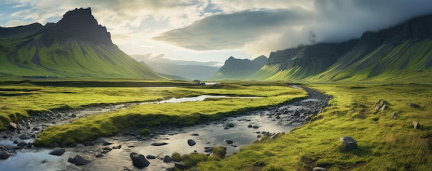 Paesaggio tradizionale islandese con casa paesaggio lavico verde sabbia nera Ai generativa