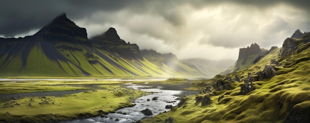 Paesaggio tradizionale islandese con casa sabbia nera paesaggio di lava verde generativo ai