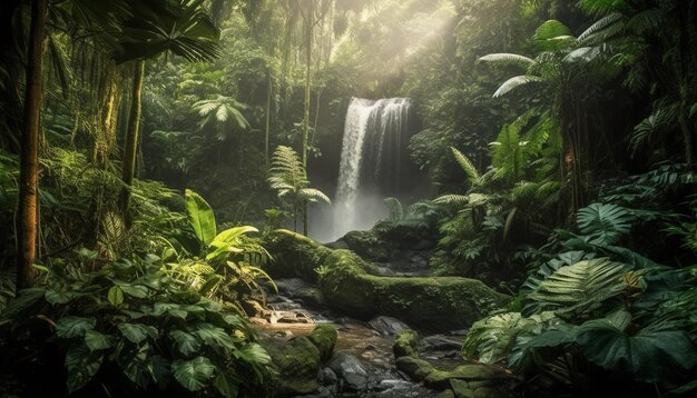 Paesaggio tranquillo della foresta pluviale tropicale che scorre acqua lussureggiante fogliame verde bellezza generata dall'intelligenza artificiale