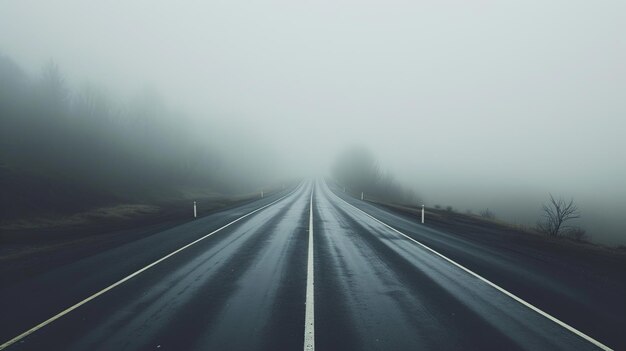 Paesaggio tranquillo di una strada asfaltata in nebbia bianca sfondo tranquillo e mistico con spazio di copia