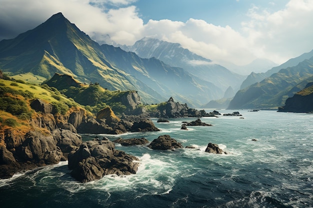 Paesaggio tropicale del mare con vista sulle montagne