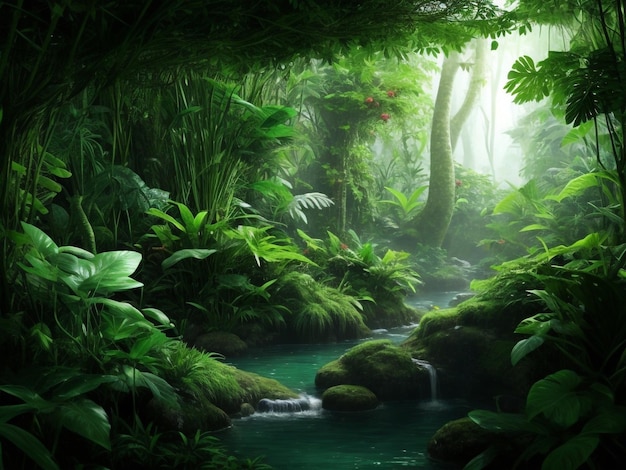Paesaggio tropicale naturale con cascata che scorre tra rocce e alberi Il flusso d'acqua scorre in l