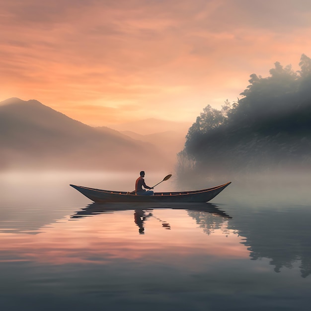 Paesaggio una persona che remata pacificamente una barca su un lago calmo natura pacifica e impressionante