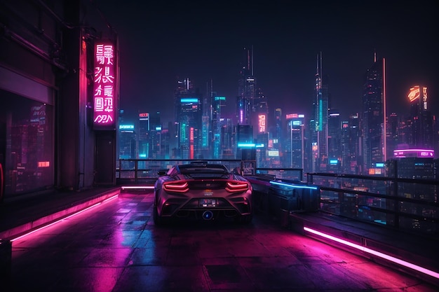 Paesaggio urbano al neon notturno sul tetto del Metaverse Cyberpunk