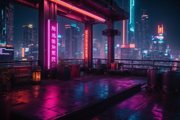 Paesaggio urbano al neon notturno sul tetto del Metaverse Cyberpunk