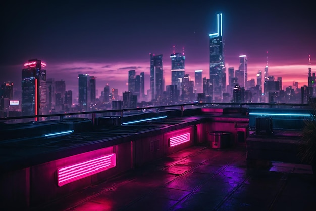 Paesaggio urbano al neon notturno sul tetto del Metaverse Cyberpunk