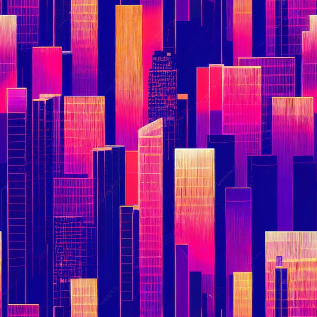 Paesaggio urbano al neon viola e arancione con uno sfondo viola