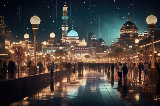 Paesaggio urbano arabo illuminato con luci decorative per celebrare il Ramadan